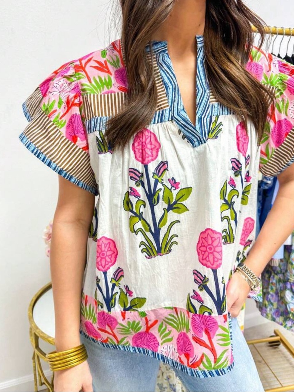 Boho Floral Embroidered V-Neck Blouse - White & Pink